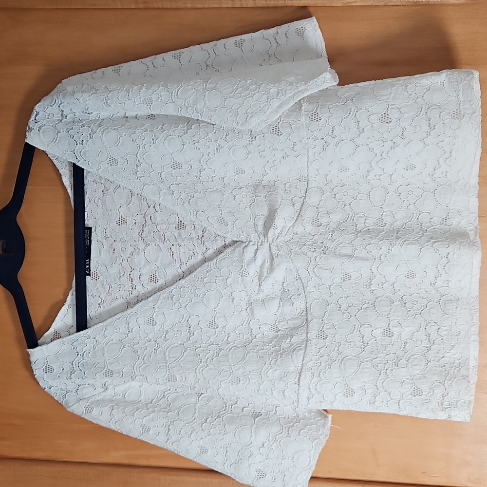 Zara LG Babydoll Top White Lace Cropped Half Sleeve Coquette Dainty Fairy